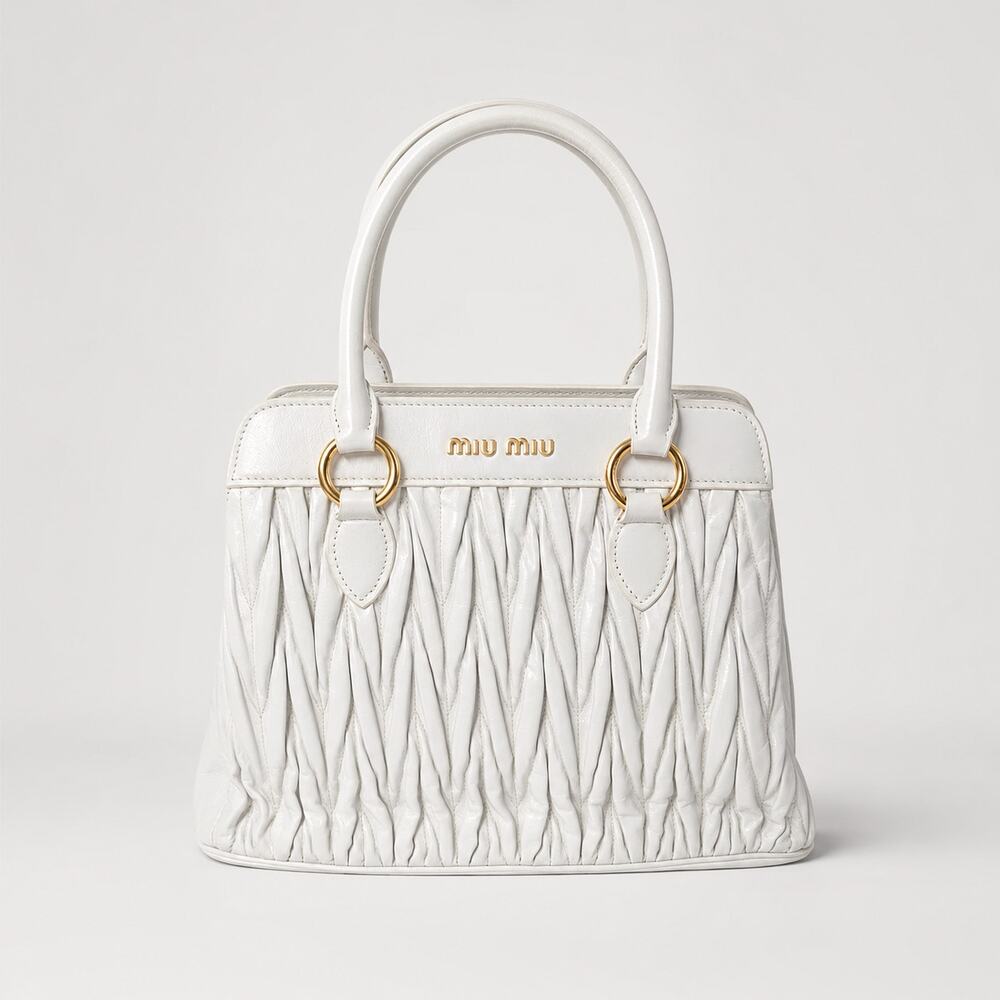 Miu Miu Matelassé Leather Handbag in White Quilted Logo Crossbody Strap